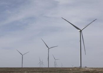This photo taken on April 3, 2023 shows some wind turbine generators of the 100-MW Zhanatas wind farm in Zhanatas, Kazakhstan. It is one of the first batch of key energy projects under the China-Kazakhstan production capacity cooperation framework. (Photo by Kalizhan Ospanov/Xinhua)