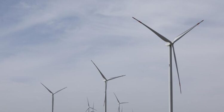 This photo taken on April 3, 2023 shows some wind turbine generators of the 100-MW Zhanatas wind farm in Zhanatas, Kazakhstan. It is one of the first batch of key energy projects under the China-Kazakhstan production capacity cooperation framework. (Photo by Kalizhan Ospanov/Xinhua)