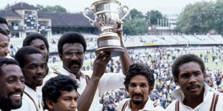 West Indies wicketkeeper Deryck Murray, second from right, with his West Indies teammates after winning the first Cricket World Cup in 1975 in London, England. West Indies captain Sir Clive Lloyd, third from right, holds the trophy.