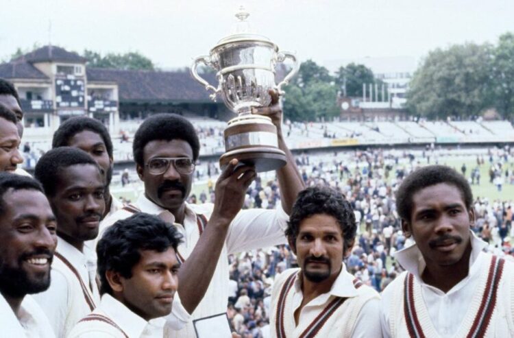 West Indies wicketkeeper Deryck Murray, second from right, with his West Indies teammates after winning the first Cricket World Cup in 1975 in London, England. West Indies captain Sir Clive Lloyd, third from right, holds the trophy.