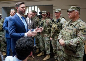 US Vice President JD Vance speaks with members of the National Guard at Union Station in Washington, DC, USA, on August 20. - AP PHOTO