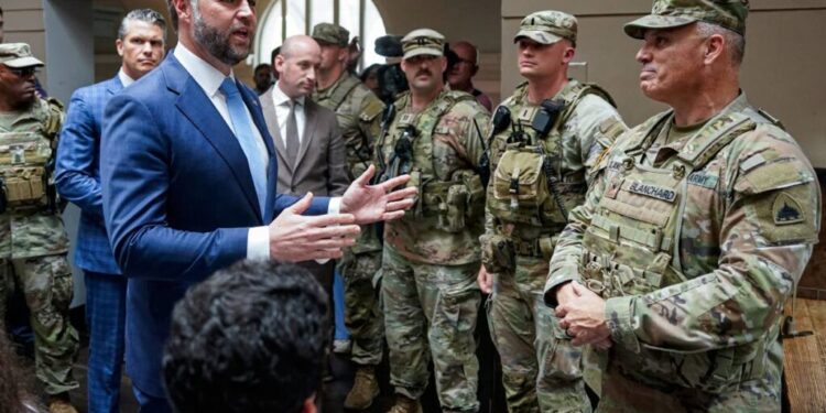 US Vice President JD Vance speaks with members of the National Guard at Union Station in Washington, DC, USA, on August 20. - AP PHOTO