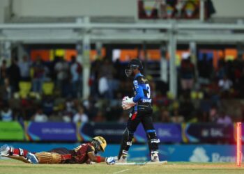TKR captain Nicholas Pooran reacts to being stumped by Jewel Andrew during the Men's 2025 Republic Bank CPL match versus Antigua & Barbuda Falcons at Sir Vivian Richards Cricket Ground on August 20, 2025 in Antigua and Barbuda. - Photo courtesy Ashley Allen - CPL T20/CPL T20 via Getty Images