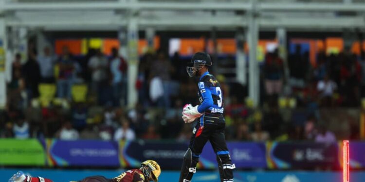 TKR captain Nicholas Pooran reacts to being stumped by Jewel Andrew during the Men's 2025 Republic Bank CPL match versus Antigua & Barbuda Falcons at Sir Vivian Richards Cricket Ground on August 20, 2025 in Antigua and Barbuda. - Photo courtesy Ashley Allen - CPL T20/CPL T20 via Getty Images