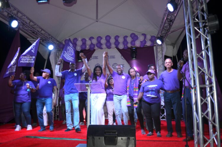 Forward Guyana Movement leaders on stage. Final Rally at Burnham Court August 30, 2025