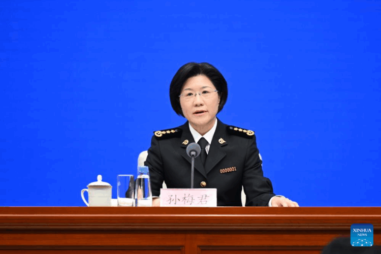 Sun Meijun, head of the General Administration of Customs, speaks at a press conference held by the State Council Information Office (SCIO) on China Customs' achievements in safeguarding borders and promoting high-quality development in the 14th Five-Year Plan period (2021-2025) in Beijing, capital of China, Aug. 25, 2025. (Xinhua/Chen Yehua)