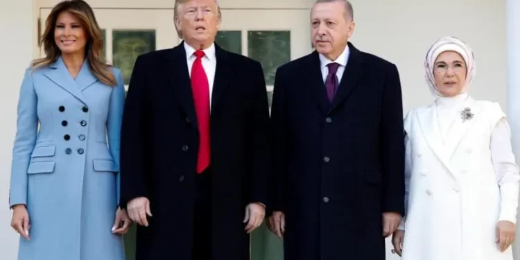 Melania Trump (left) and Ermine Erdogan (right) met in 2019, when their husbands held talks at the White House