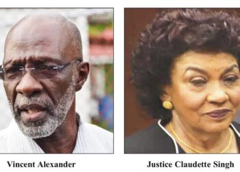 L-R Opposition-nominated GECOM Commissioner Vincent Alexander and GECOM Chairperson ret'd Justice Claudette Singh