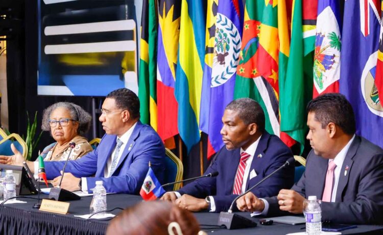 Dr Carla Barnett, CARICOM Secretary-General; Prime Minister of Jamaica Dr Andrew Holness, Chair, CARICOM ; Dr Terrance Michael Drew, Prime Minister, Saint Kitts and Nevis; H.E.Laurent Saint-Cyr, President-Counsellor of the Transitional Presidential Council (TPC), Haiti .