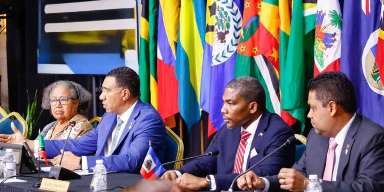Dr Carla Barnett, CARICOM Secretary-General; Prime Minister of Jamaica Dr Andrew Holness, Chair, CARICOM ; Dr Terrance Michael Drew, Prime Minister, Saint Kitts and Nevis; H.E.Laurent Saint-Cyr, President-Counsellor of the Transitional Presidential Council (TPC), Haiti .