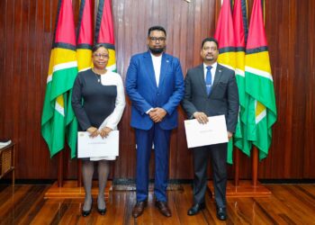 L-R Acting Chancellor Roxane George-Wiltshire S.C, President Irfaan Ali and Acting Chief Justice Navindra Singh