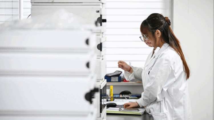 Researchers at a biopharmaceutical company specializing in artemisinin-based drugs conduct a biochemical experiment in Zhangjiagang, east China's Jiangsu Province, August 27, 2025. /CFP
