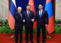 Chinese President Xi Jinping, Russian President Vladimir Putin and Mongolian President Ukhnaa Khurelsukh hold a trilateral meeting at the Great Hall of the People in Beijing, capital of China, Sept. 2, 2025. (Xinhua/Ding Haitao)