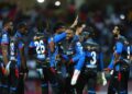 Antigua and Barbuda Falcons players celebrate the wicket of Darren Bravo during the 2025 Republic Bank Caribbean Premier League match versus Trinbago Knight Riders at Sir Vivian Richards Cricket Ground on August 20, in Antigua and Barbuda. - Photo courtesy CPL T20