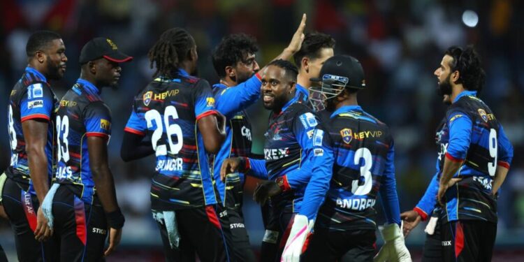 Antigua and Barbuda Falcons players celebrate the wicket of Darren Bravo during the 2025 Republic Bank Caribbean Premier League match versus Trinbago Knight Riders at Sir Vivian Richards Cricket Ground on August 20, in Antigua and Barbuda. - Photo courtesy CPL T20