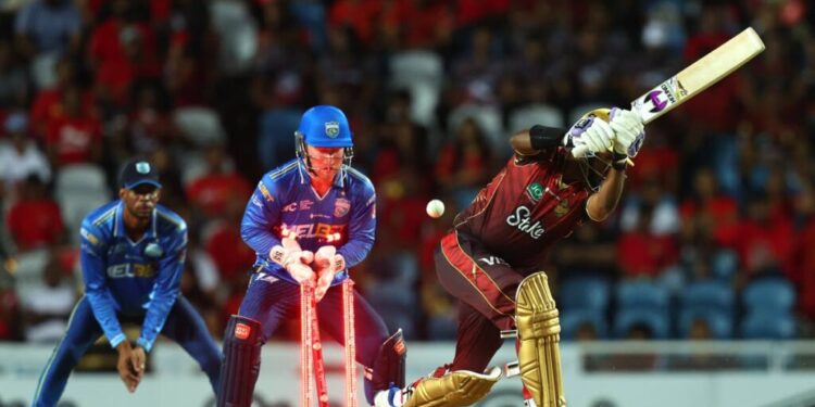 Trinbago Knight Riders' Akeal Hosein is bowled by Tabraiz Shamsi of St Lucia Kings during the 2025 Republic Bank Caribbean Premier League match at Brian Lara Cricket Academy on September 3, 2025 in Tarouba. - (CPL T20)