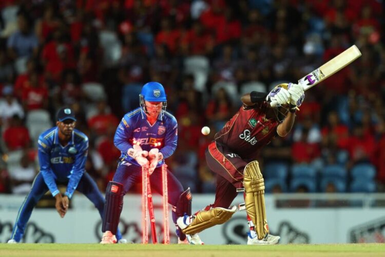 Trinbago Knight Riders' Akeal Hosein is bowled by Tabraiz Shamsi of St Lucia Kings during the 2025 Republic Bank Caribbean Premier League match at Brian Lara Cricket Academy on September 3, 2025 in Tarouba. - (CPL T20)