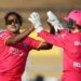 Chamari Athapaththu, left, and Georgia Redmayne of Barbados Royals celebrate the wicket of Jannillea Glasgow of Trinbago Knight Riders during the Women's 2025 Massy Caribbean Premier League match at Providence Stadium in Guyana, on September 10. (Photo by Ashley Allen - CPL T20/CPL T20 via Getty Images) -