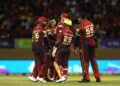 Akeal Hosein (C) of Trinbago Knight Riders celebrates with teammates after getting the wicket of Keemo Paul of Guyana Amazon Warriors during the 2025 Republic Bank Caribbean Premier League match at Providence Stadium on September 6, in Georgetown, Guyana. - (CPL T20)