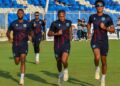 (L-R) West Indies players Navin Bidaisee, Jewel Andrews and Zishan Motara take part in a training session, on September 26, at the Sharjah Cricket Stadium, in the United Arab Emirates. West Indies face Nepal, at the same venue, in the first of three T20Is, on September 27. - (CWI Media)