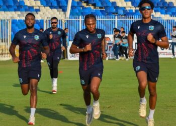 (L-R) West Indies players Navin Bidaisee, Jewel Andrews and Zishan Motara take part in a training session, on September 26, at the Sharjah Cricket Stadium, in the United Arab Emirates. West Indies face Nepal, at the same venue, in the first of three T20Is, on September 27. - (CWI Media)