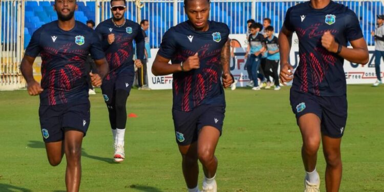(L-R) West Indies players Navin Bidaisee, Jewel Andrews and Zishan Motara take part in a training session, on September 26, at the Sharjah Cricket Stadium, in the United Arab Emirates. West Indies face Nepal, at the same venue, in the first of three T20Is, on September 27. - (CWI Media)