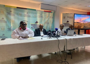 Gecom’s final press conference before General and Regional Elections 2025 with from left: PRO Yolanda Ward, CEO Vishnu Persaud, DCEO Aneal Giddings and Civic and Voter Education Manager, Nardeo Persaud. (SN Photo)