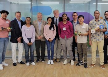 Winners of the 2025 Guyana- Monaco Mousetrap Car Grand Prix assembled with CEO of SBM Offshore, Oivind Tangen and the founder of the Mousetrap Competition, Mr. Marco Casiraghi, with fellow SBM Offshore representatives
