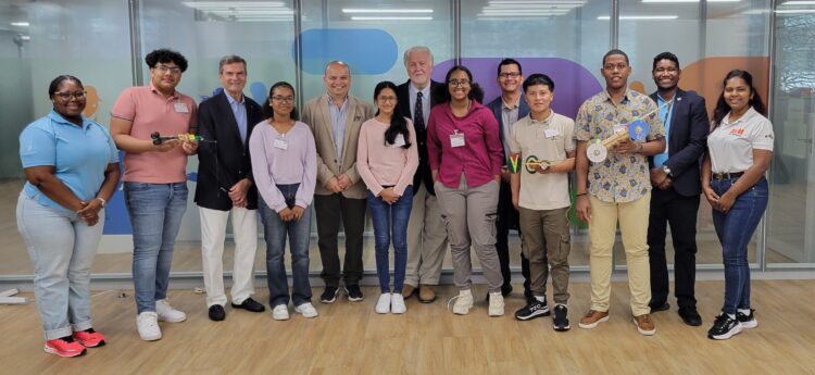 Winners of the 2025 Guyana- Monaco Mousetrap Car Grand Prix assembled with CEO of SBM Offshore, Oivind Tangen and the founder of the Mousetrap Competition, Mr. Marco Casiraghi, with fellow SBM Offshore representatives
