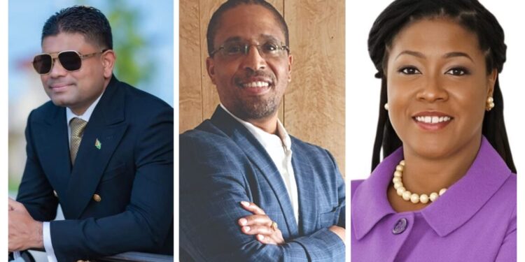 L-R Azruddin Mohamed MP (WIN leader and Leader of the Opposition), Dr. Terrence Campbell (APNU lead MP), and Amanza Walton-Desir  MP (FGM)