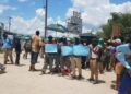 BOSAI workers picketing in front the main entrance of the MacKenzie plant (Guyana Chronicle photo 2019)