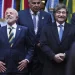 Brazil’s President Luiz Inacio Lula da Silva, front left, and Argentina’s President Javier Milei, stand next to each other as they get into position for a group photo with other leaders attending the Mercosur Summit in Buenos Aires, Argentina, July 3, 2025. (AP Photo/Natacha Pisarenko, File)