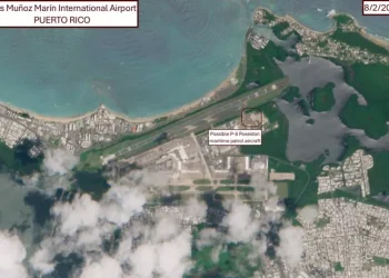 An image captured by the ESA's Sentinel-2 satellites on August 29, 2025, annotated by Newsweek, shows the deployment of possible P-8A Poseidon maritime patrol aircraft to San Juan airport in Puerto Rico as part of the Trump administration surge of U.S. Navy forces to the Caribbean region. Copernicus