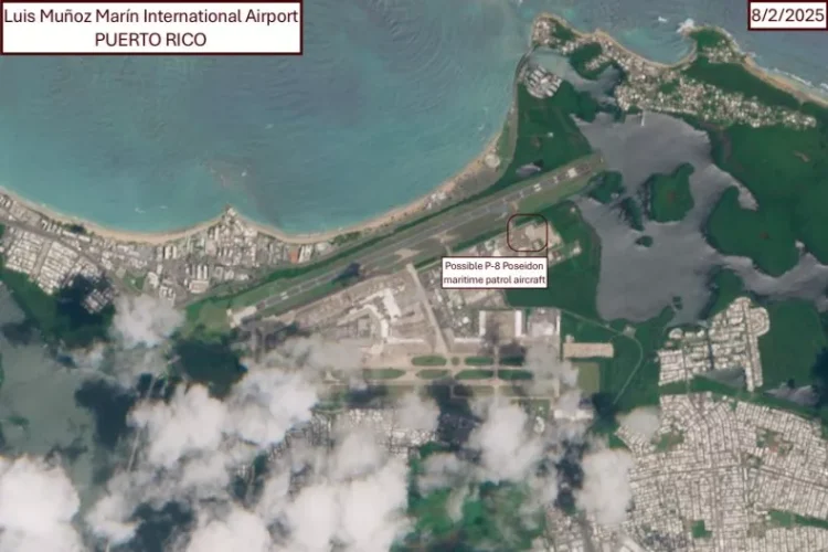 An image captured by the ESA's Sentinel-2 satellites on August 29, 2025, annotated by Newsweek, shows the deployment of possible P-8A Poseidon maritime patrol aircraft to San Juan airport in Puerto Rico as part of the Trump administration surge of U.S. Navy forces to the Caribbean region. Copernicus