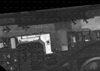 A satellite image released by Chinese aerospace intelligence firm MizarVision shows a U.S. Air Force C-17 Globemaster III, left, and three KC-46 Pegasus refueling tankers on September 15, 2025, at St. Crois' Henry E. Rohlsen... More MizarVision