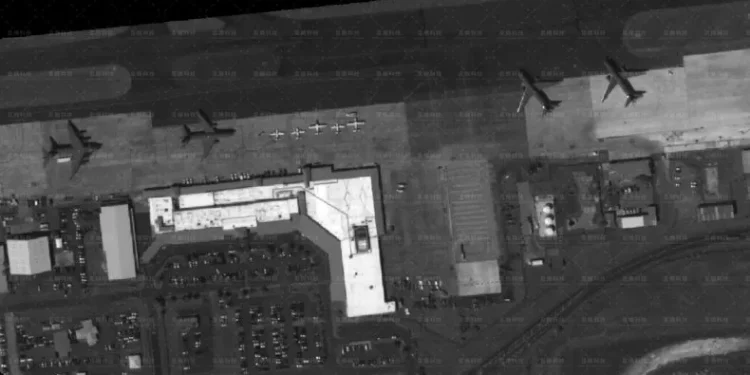 A satellite image released by Chinese aerospace intelligence firm MizarVision shows a U.S. Air Force C-17 Globemaster III, left, and three KC-46 Pegasus refueling tankers on September 15, 2025, at St. Crois' Henry E. Rohlsen... More MizarVision