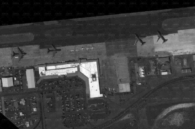A satellite image released by Chinese aerospace intelligence firm MizarVision shows a U.S. Air Force C-17 Globemaster III, left, and three KC-46 Pegasus refueling tankers on September 15, 2025, at St. Crois' Henry E. Rohlsen... More MizarVision