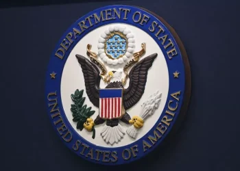 The State Department seal is seen on the briefing room lectern ahead of a briefing by State Department spokesperson Ned Price at the State Department in Washington, January 31, 2022. Mandel Ngan/AP