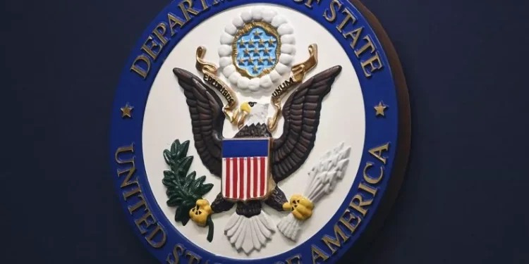 The State Department seal is seen on the briefing room lectern ahead of a briefing by State Department spokesperson Ned Price at the State Department in Washington, January 31, 2022. Mandel Ngan/AP