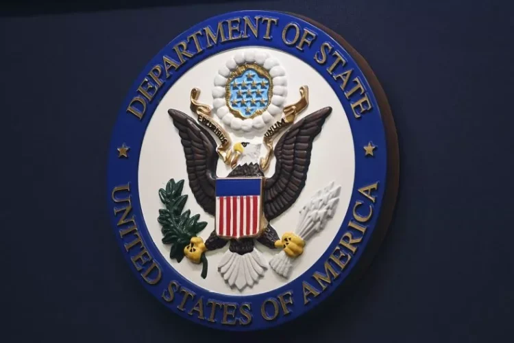 The State Department seal is seen on the briefing room lectern ahead of a briefing by State Department spokesperson Ned Price at the State Department in Washington, January 31, 2022. Mandel Ngan/AP