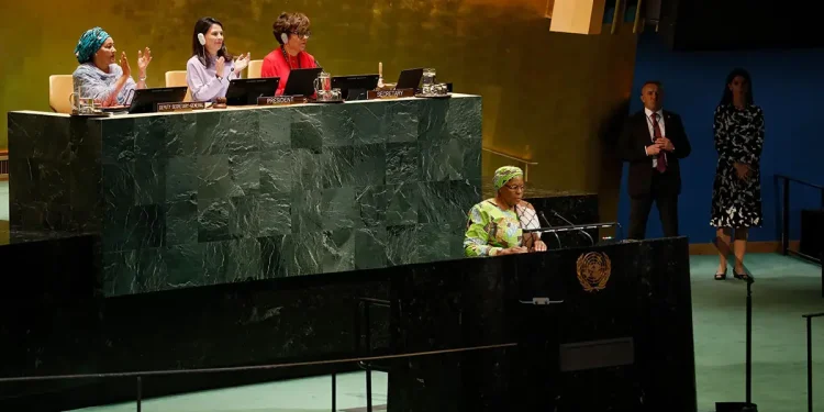 President Netumbo Nandi-Ndaitwah of Namibia delivers her address at the High-level Meeting of the General Assembly on the Thirtieth Anniversary of the Fourth World Conference on Women, 22 September 2025. Photo: UN Women / Ryan Brown