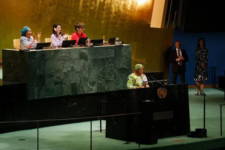 President Netumbo Nandi-Ndaitwah of Namibia delivers her address at the High-level Meeting of the General Assembly on the Thirtieth Anniversary of the Fourth World Conference on Women, 22 September 2025. Photo: UN Women / Ryan Brown