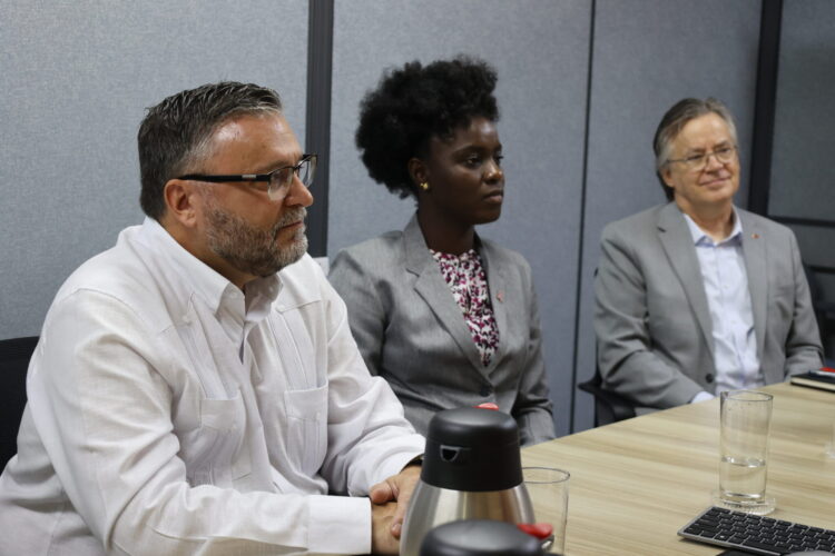 From L-R: His Excellency Sébastien Sigouin, High Commissioner of Canada in Guyana; Naomi Barkoye, Canadian High Commissioner for the Day winner; Daniel Bood, Political Counsellor, High Commission of Canada at the CARICOM Secretariat, 9 October 2025