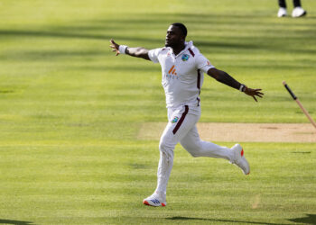 LONDON, ENGLAND - JULY 10: Jayden Seales of West Indies celebrates after taking the wicket of Zak Crawley of England during day one of the 1st Test Match between England and West Indies at Lord's Cricket Ground on July 10, 2024 in London, England. (Photo by Andy Kearns/Getty Images)