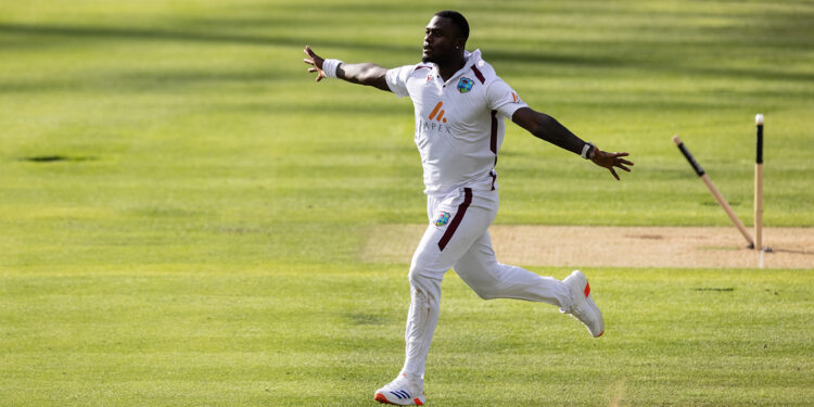 LONDON, ENGLAND - JULY 10: Jayden Seales of West Indies celebrates after taking the wicket of Zak Crawley of England during day one of the 1st Test Match between England and West Indies at Lord's Cricket Ground on July 10, 2024 in London, England. (Photo by Andy Kearns/Getty Images)