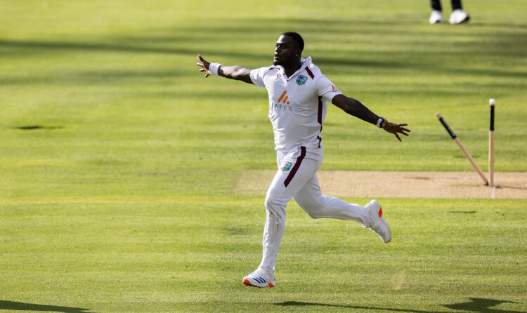 LONDON, ENGLAND - JULY 10: Jayden Seales of West Indies celebrates after taking the wicket of Zak Crawley of England during day one of the 1st Test Match between England and West Indies at Lord's Cricket Ground on July 10, 2024 in London, England. (Photo by Andy Kearns/Getty Images)