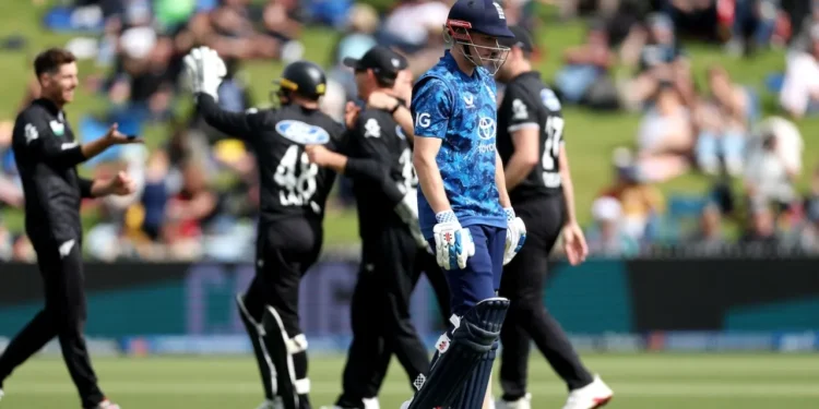 Harry Brook walks back after his dismissal in the second ODI  •  Getty Images