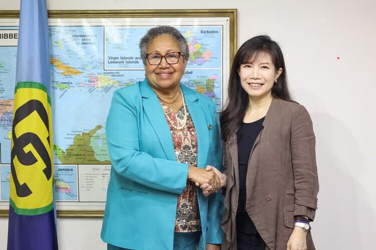 At right, CARICOM Secretary-General, Dr Carla Barnett; at left, Ambassador of China to Guyana, Her Excellency Yang Yang