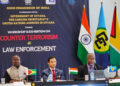 High Commissioner of India to Guyana Dr Amit Telang (centre) with Ambassador and Director of Defence Policy at the Ministry of Foreign Affairs Brigadier (Retd) Godfrey Bess (left) and Programme Manager for Crime and Security at the Caricom Secretariat Sherwin Toyne-Stephenson at Friday’s workshop. (SN photo)