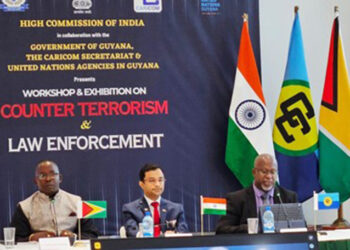 High Commissioner of India to Guyana Dr Amit Telang (centre) with Ambassador and Director of Defence Policy at the Ministry of Foreign Affairs Brigadier (Retd) Godfrey Bess (left) and Programme Manager for Crime and Security at the Caricom Secretariat Sherwin Toyne-Stephenson at Friday’s workshop. (SN photo)